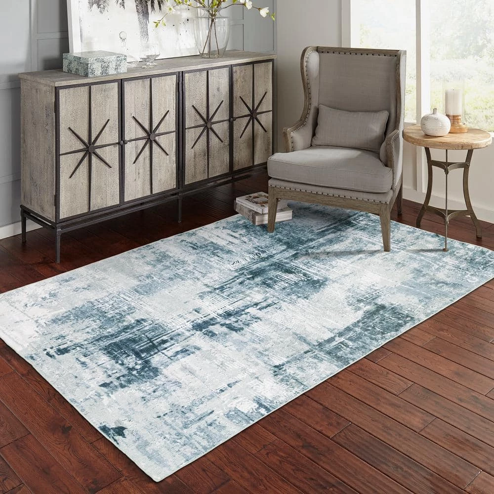 Harmony Machine Washable Blue 7 ft. 6 in. x 10 ft. Abstract Polyester Indoor Area Rug by Home Decorators Collection 2 Harmony Machine Washable Blue 7 ft. 6 in. x 10 ft. Abstract Polyester Indoor Area Rug by Home Decorators Collection - Image 2